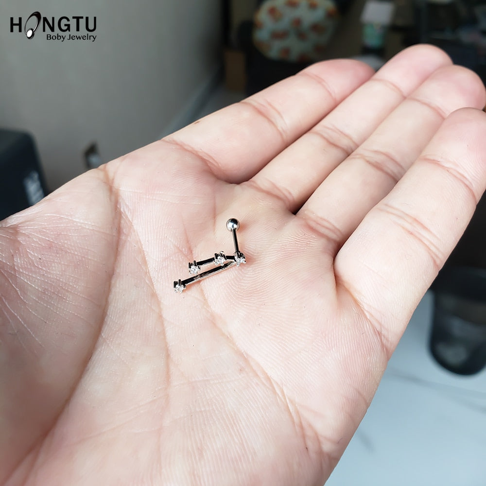 HONGTU 1PC 12 Constellation Zircon Tragus Ear Piercing Surgical Steel Shaft Bar Star Daith Earrings Helix Cartilage Studs 20g