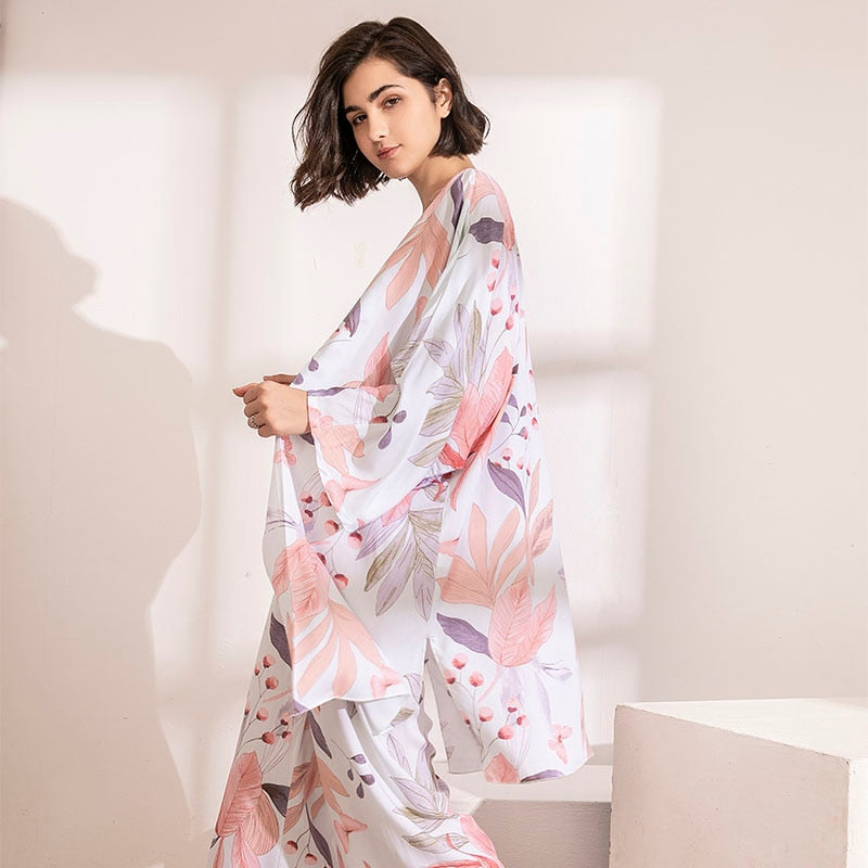 HOT SELLING 3Pcs Soft Pajama Set For SPRING & FALL Ladies Sleepwear Floral Printed Pink Leaves Cardigan+Camisole+Pants Homewear