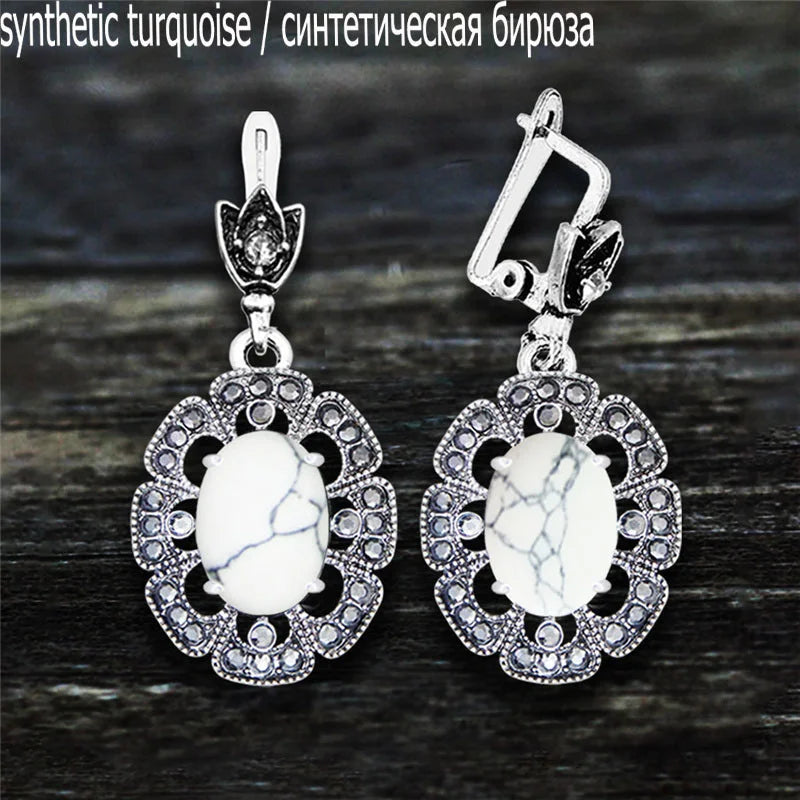 Vintage Plumflower Natural Jades Quartz Earrings For Women Antique Silver Plated Lapis Lazuli Tiger Eye Stone Fashion Earring - Charlie Dolly