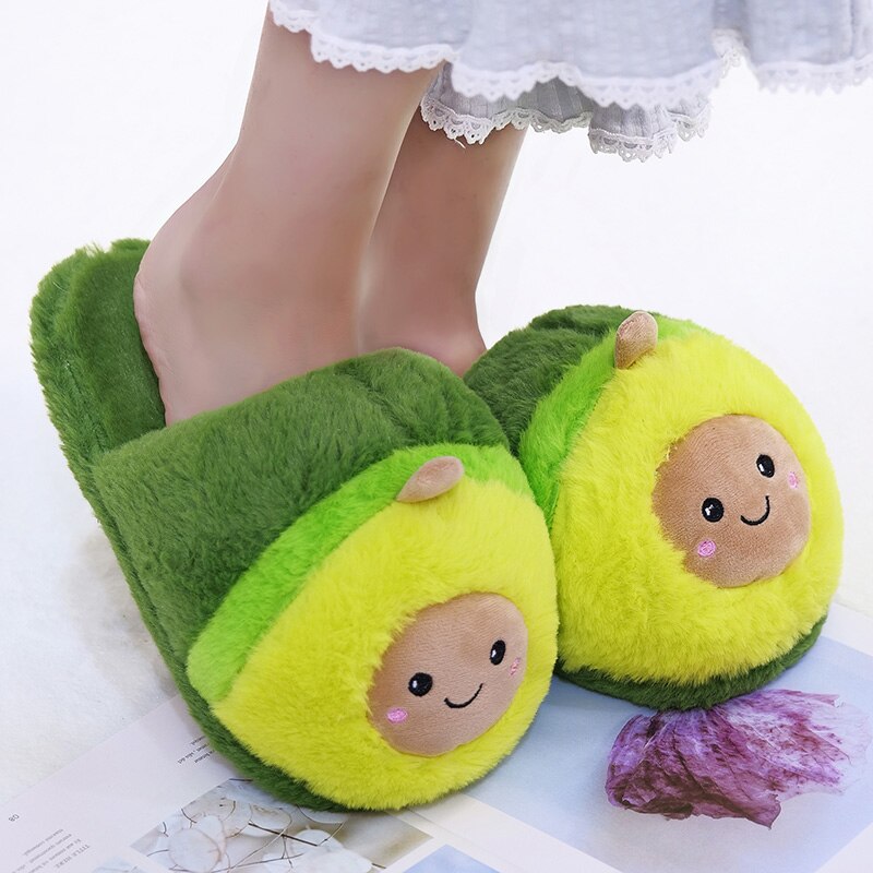Kawaii Plush Avocado Slippers Stuffed Fruit Toys Cute Avocado Dolls for Girl Plush Food Doll Women Indoor Household Products
