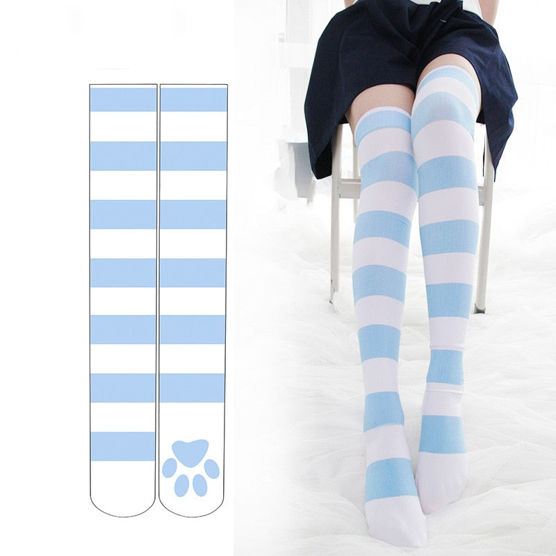 Cosplay Over Knee Socks Pink Strip Kawaii Cat Paw Print Stockings Lolita Gothic Velvet Overknee Thigh High Long Stockings