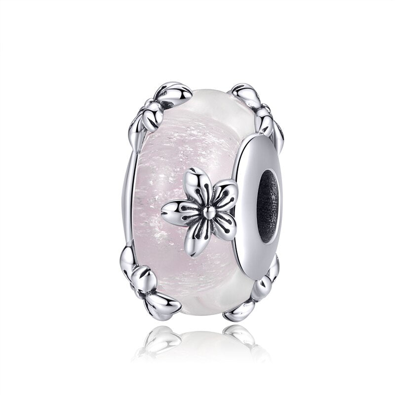 WOSTU Real 925 Sterling Silver Murano Glass Pink Beads Crystal Round Charms Fit Original Bracelet Pendant Luxury Jewelry Making