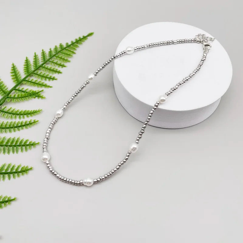 Silver Beaded Pearl Korean Sweet Boho Necklace
