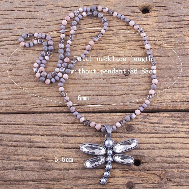 Dragonfly Long Knotted Stone Necklace Jewelry