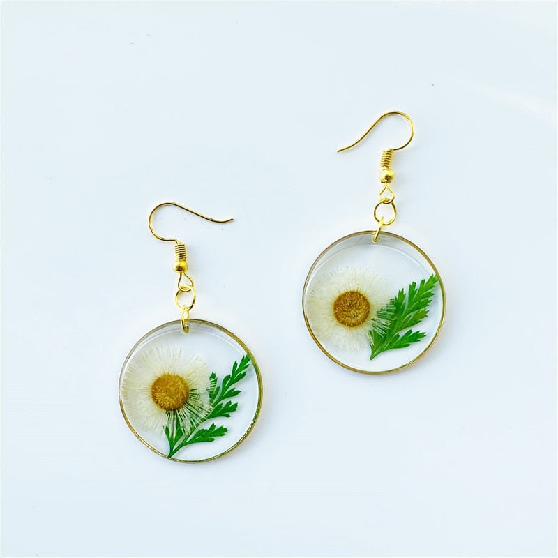 Creative Real Flower Earring Unique Round Dried Flower Drop Earrings Real Floral Sweet Earring For Women Gifts Summer Jewelry