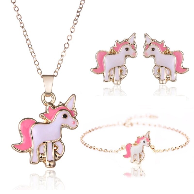 4pcs/set Necklace Earrings Cartoon Unicorn Necklace Earring Jewelry Pink Girls Gift Jewelry Jewelry Earring and Necklace Set