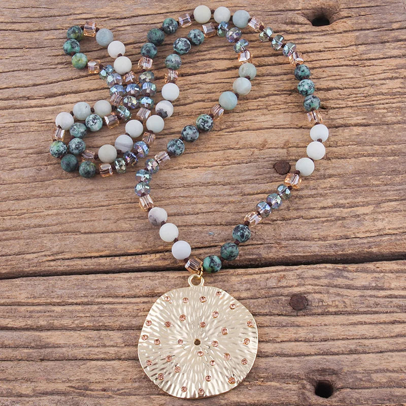 RH Fashion Bohemian Jewelry Natural Stones With Glass Links Crystal Round Pendant Necklaces For Women Boho Gift - Charlie Dolly