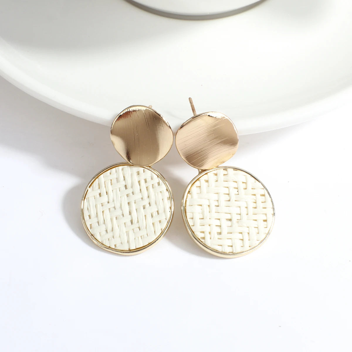 Wooden Rattan Braid Geometric Drop Earrings Jewelry