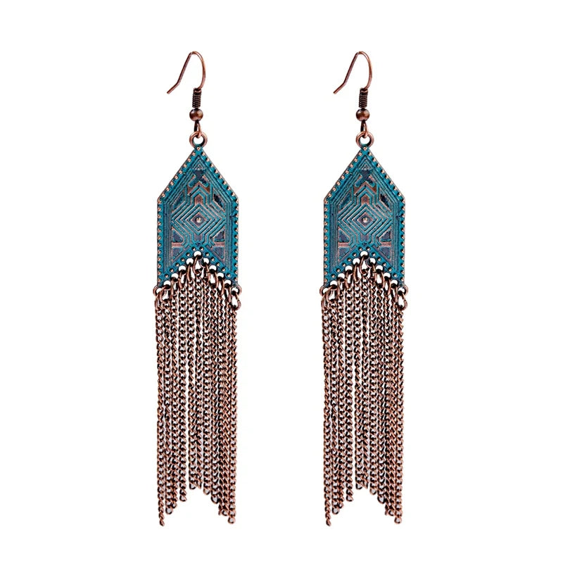 أقراط متدلية مصنوعة من سبائك البرونز العتيق للنساء أقراط Jhumka الهندية ذات سلسلة طويلة بوهو تريبل