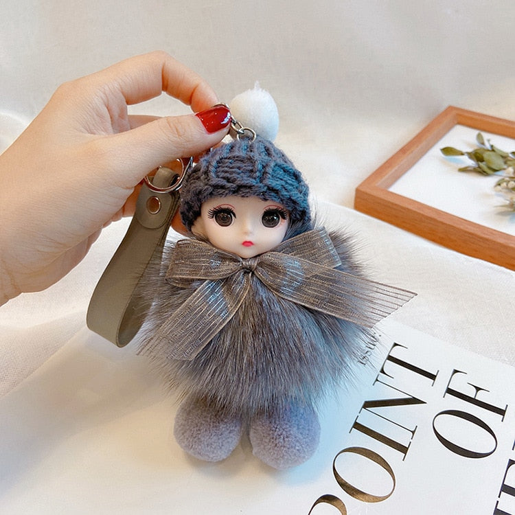 Pompom Sleeping Baby Keychain Cute Fluffy Plush Doll Keychains Women Girl Bags Keyrings Cars Key Ring Gift Charming Decoration