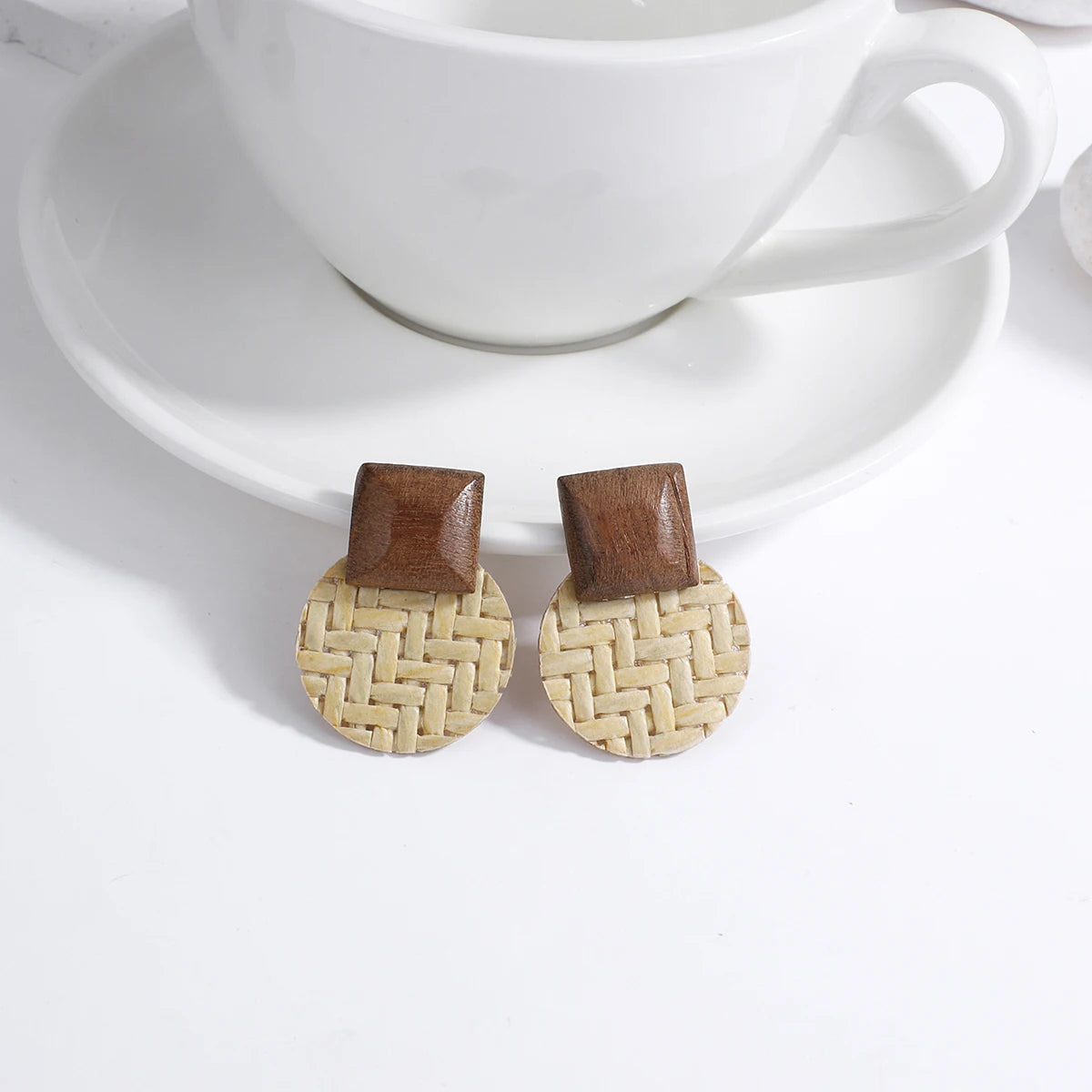 Wooden Rattan Braid Geometric Drop Earrings Jewelry