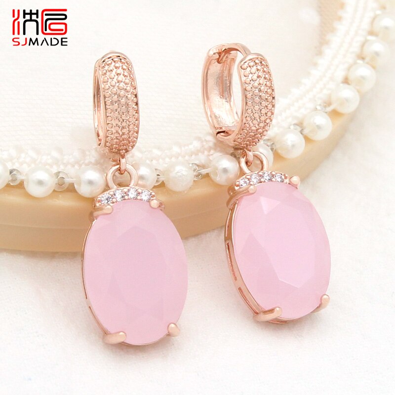 SHENJIANG New Fashion Oval Large Pink Opal Dangle Earrings For Women Wedding Jewelry 585 Rose Gold Color Zirconia Eardrop