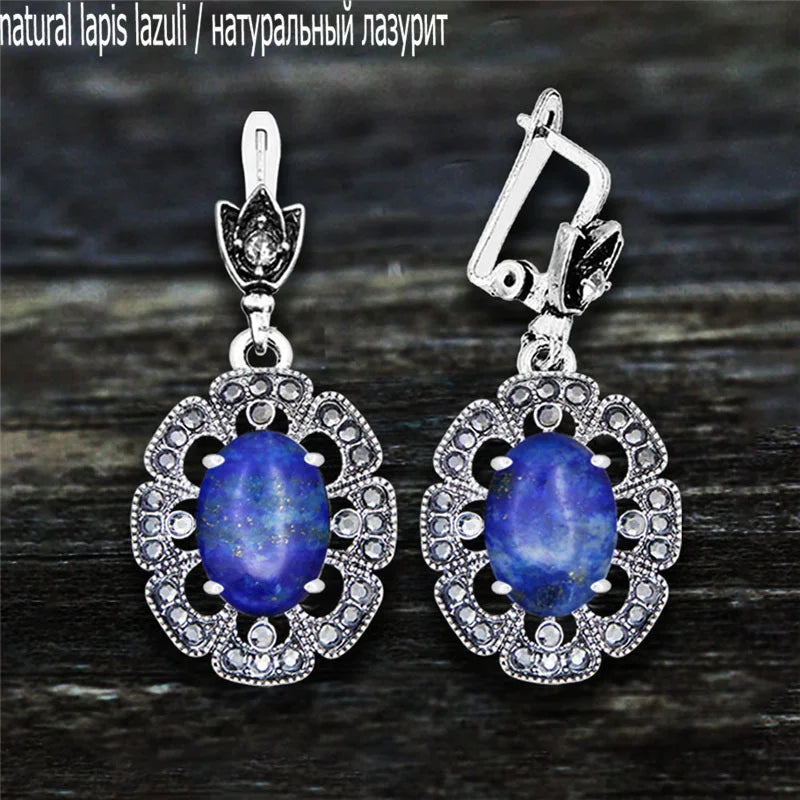Vintage Plumflower Natural Jades Quartz Earrings For Women Antique Silver Plated Lapis Lazuli Tiger Eye Stone Fashion Earring - Charlie Dolly