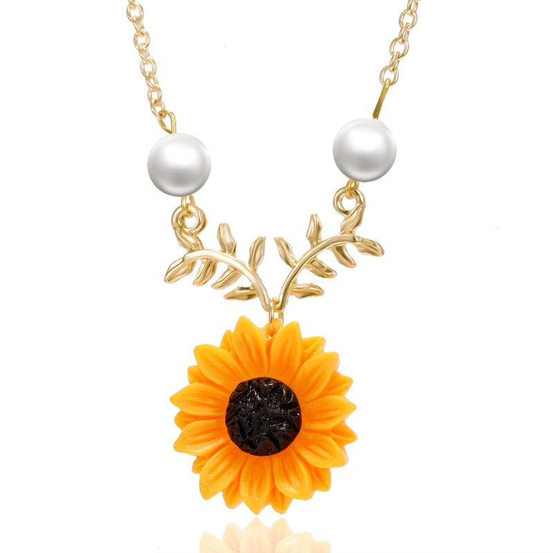 Fashion Sunflower Choker Necklace For Women Cute Flower Pearl Pendant Lady Girls Party Jewelry Accessories Charm Gift