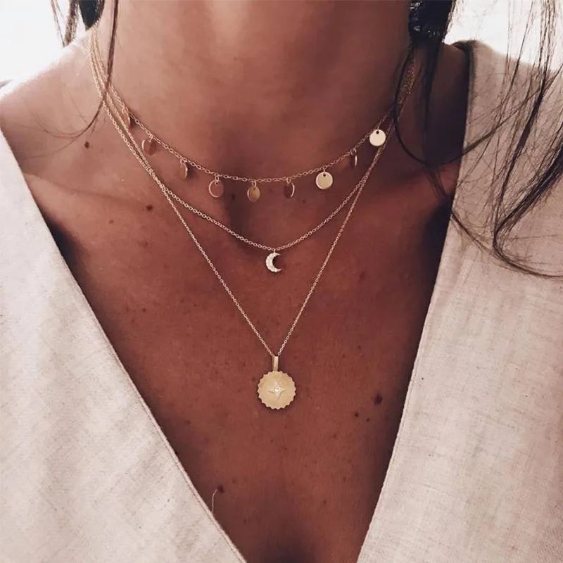 Moon Cross Tree Star Layered Choker Necklace Jewelry