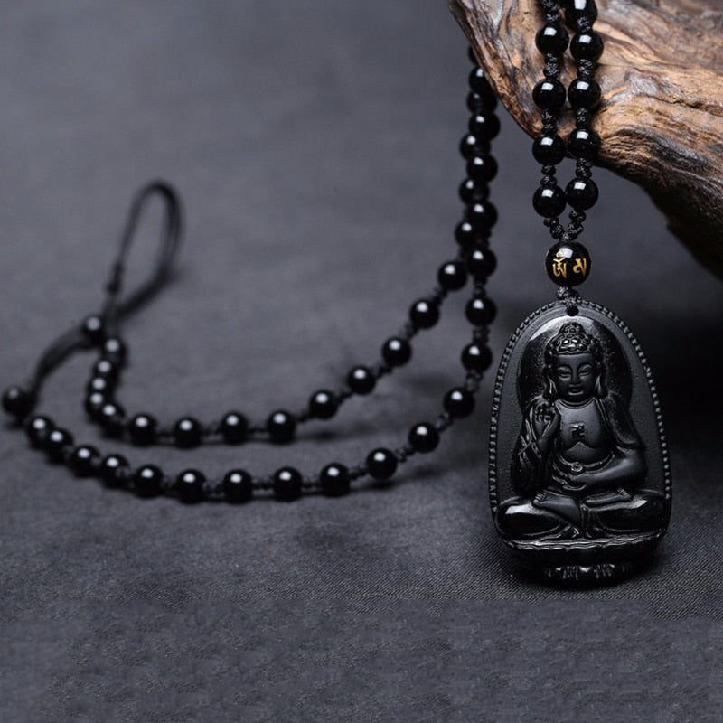 Amitabha Pendant Necklace Black Obsidian Carved Buddha Lucky Amulet Necklaces For Women Men Jewelry Gifts Jewelry