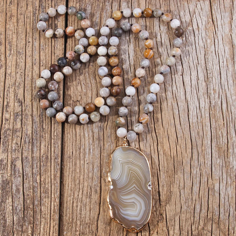 Knotted Agate Stone Beaded Necklace Jewelry