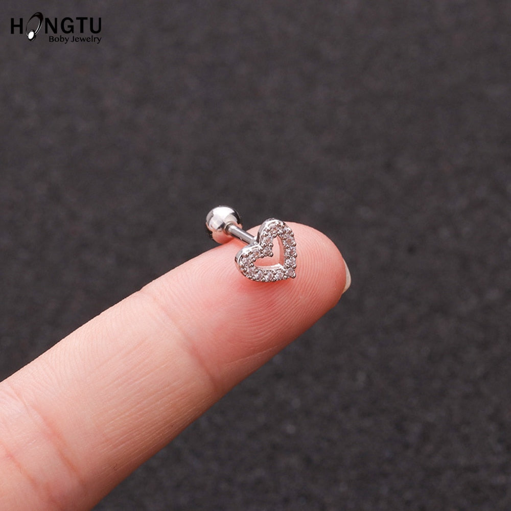 HONGTU 1PC Copper Flower Heart Moon Zircon Tragus Ear Piercing Surgical Steel Shaft Bar Daith Earrings Helix Cartilage Studs 16g