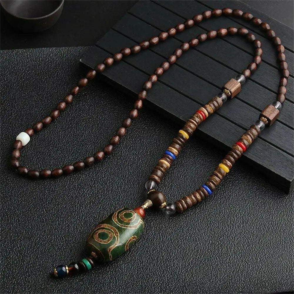 Nepal Wood Bead Pendant Long Necklace Jewelry