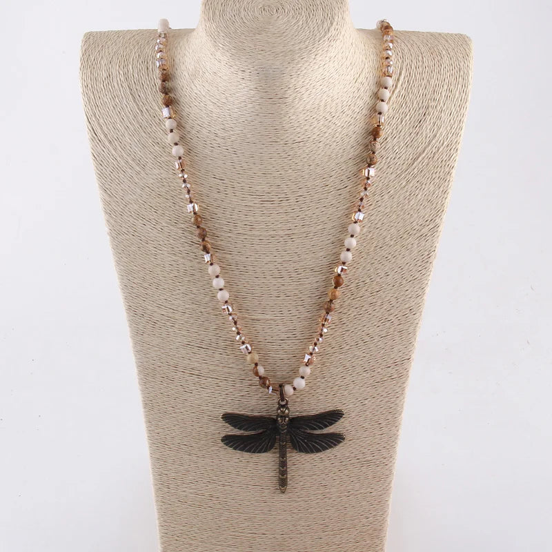 Retro Dragonfly Knotted Crystal Necklace Jewelry