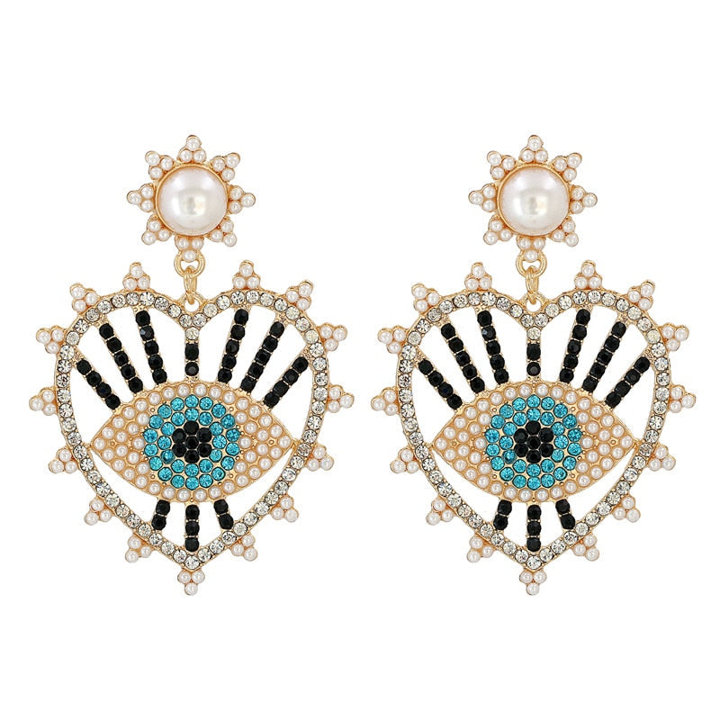JUJIA Trendy Ethnic Love Heart Shape Evil Eye Drop Earrings For Women Vintage Statement Crystal Dangle Earring Jewelry Gift