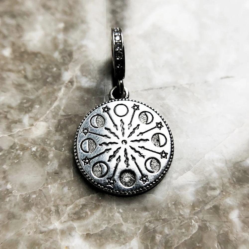 Moon Phase Dangle Charm Pendant, S925 Sterling Silver Celestial Talisman