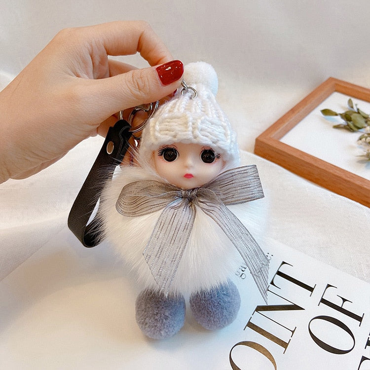 Pompom Sleeping Baby Keychain Cute Fluffy Plush Doll Keychains Women Girl Bags Keyrings Cars Key Ring Gift Charming Decoration