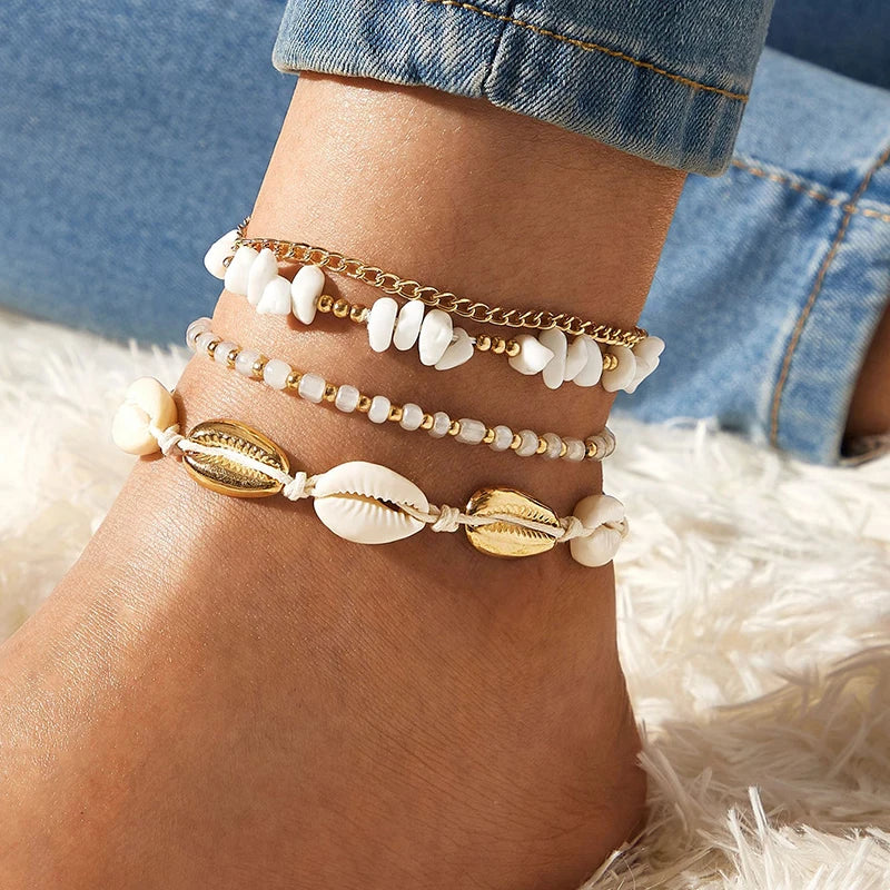 Handmade Shell and Stone Bead Multilayer Boho Anklet Set