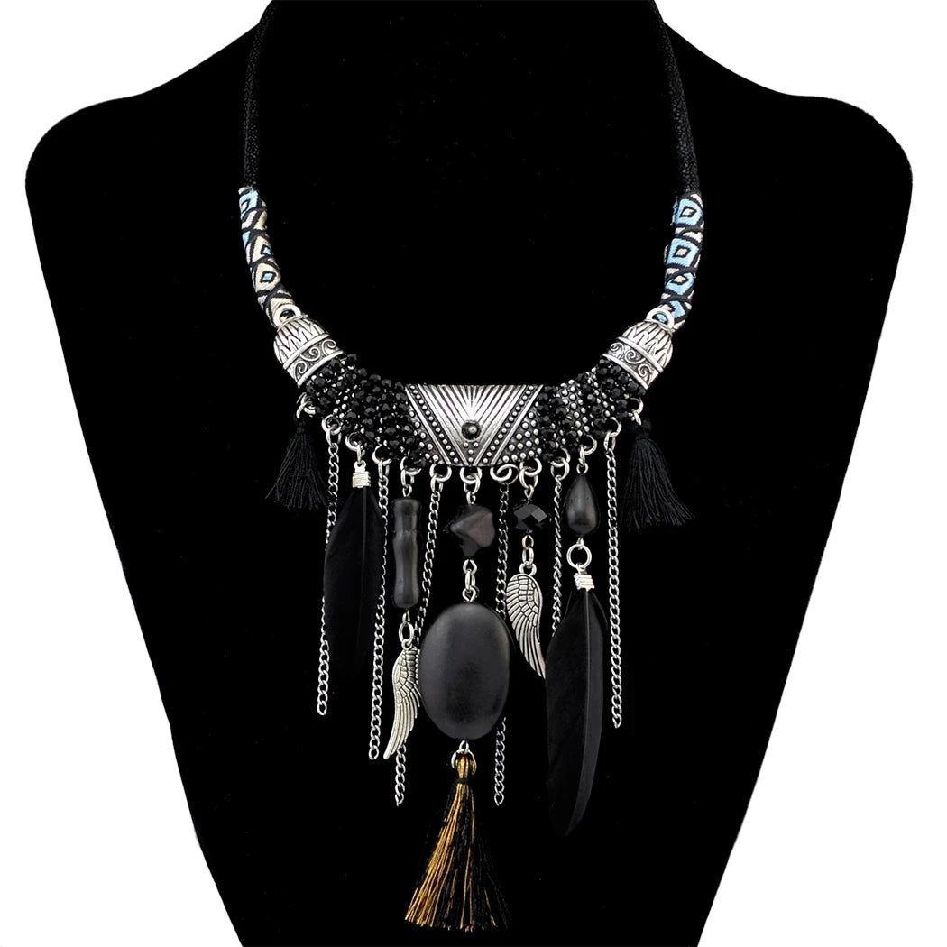 Thread Feather Bead Long Tassel Necklace Jewelry