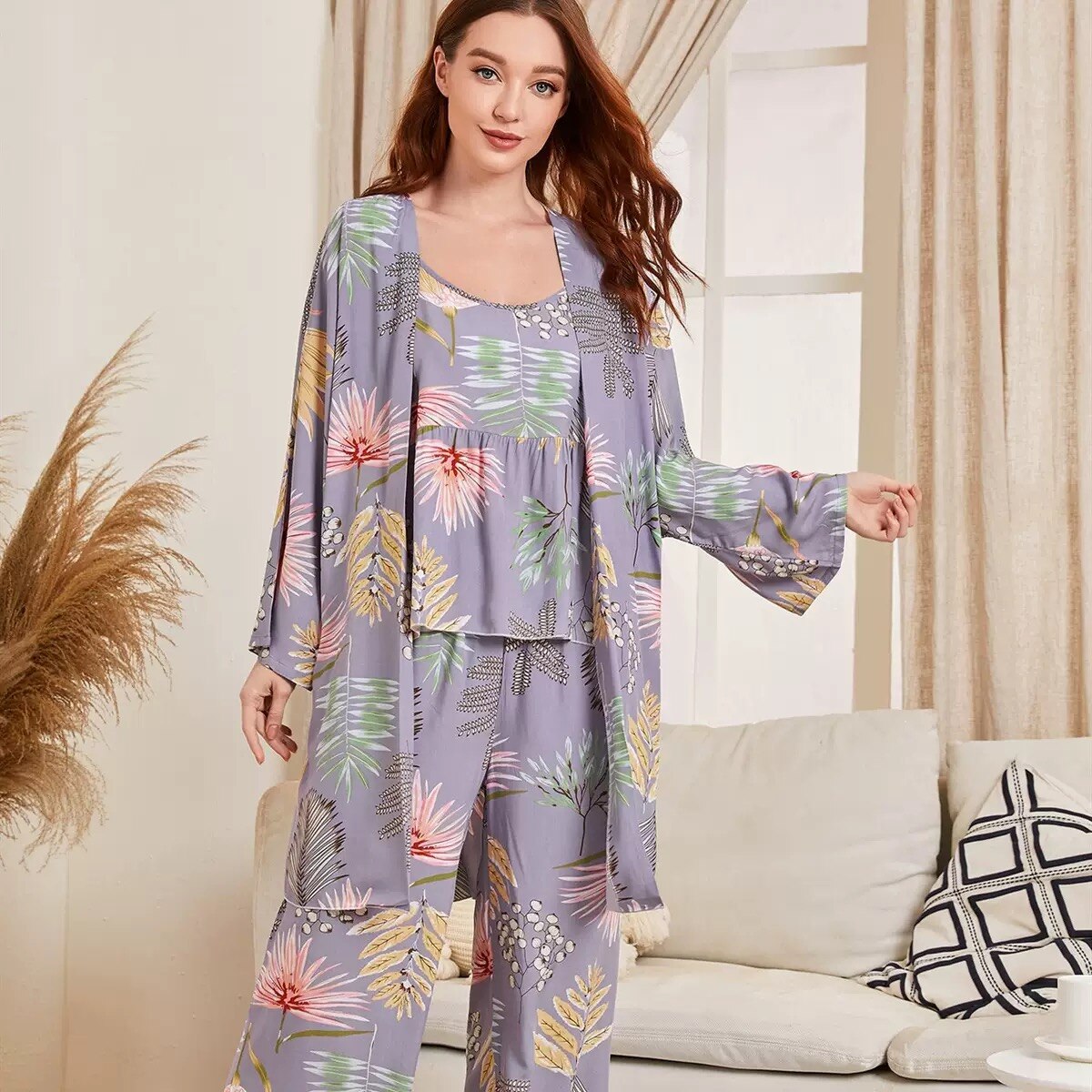 HOT SELLING 3Pcs Soft Pajama Set For SPRING & FALL Ladies Sleepwear Floral Printed Pink Leaves Cardigan+Camisole+Pants Homewear