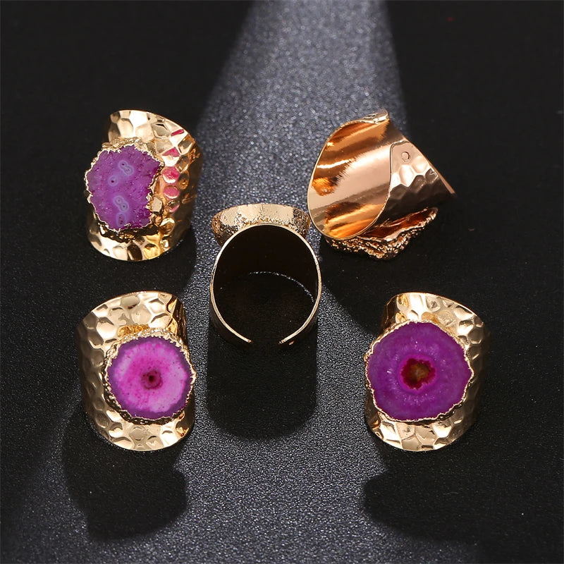 Boho Irregular Natural Stone Agate Slices Sunflower Wide Open Ring for Women Gold Plated Resizable Finger Jewelry - Charlie Dolly