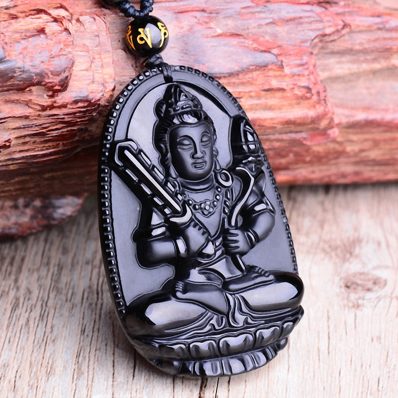 Amitabha Pendant Necklace Black Obsidian Carved Buddha Lucky Amulet Necklaces For Women Men Jewelry Gifts Jewelry