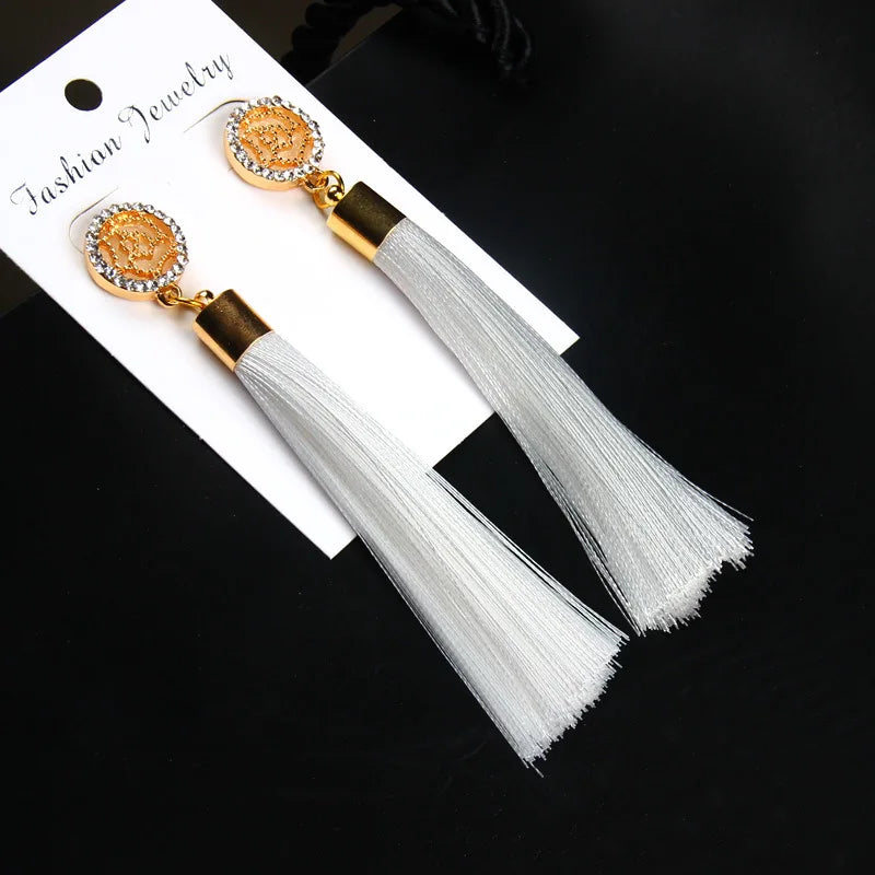 Silk Rose Flower Crystal Long Tassel Earrings Jewelry