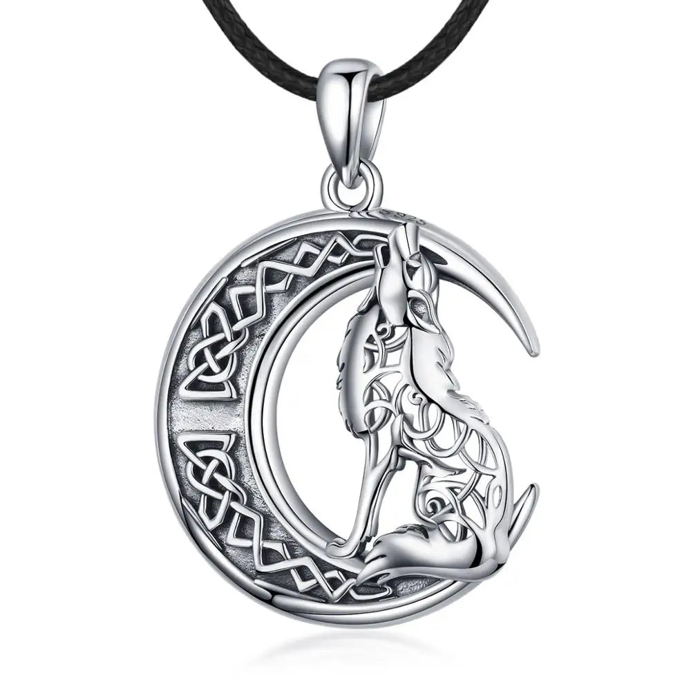 S925 Sterling Silver Wolf & Moon Pendant Necklace, Valknut Odin Norse Viking Amulet