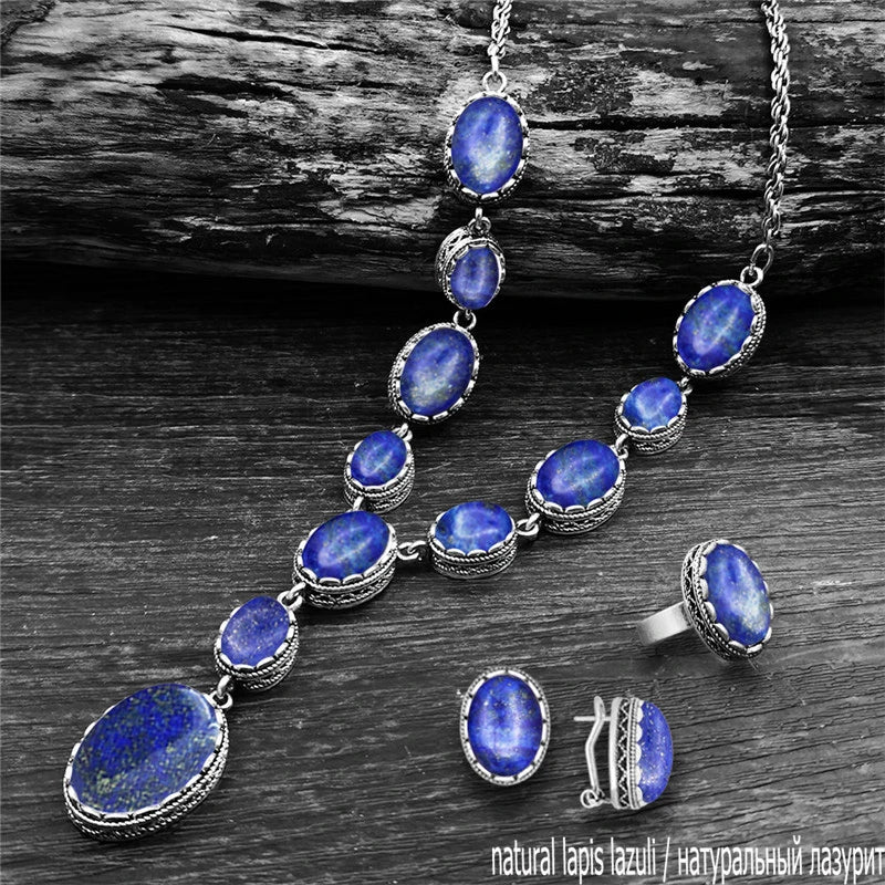 Vintage Natural Lapis Lazuli Necklace Ring Stud Earring Jewelry Sets Antique Silver Plated Quartz Unakite Stone Quartz Set - Charlie Dolly