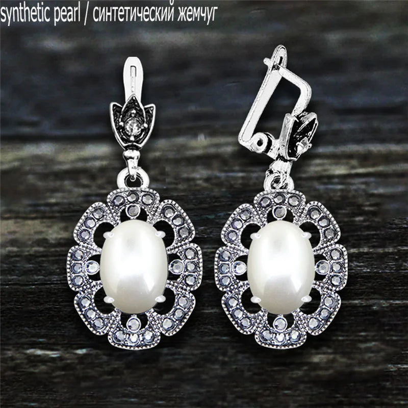 Vintage Plumflower Natural Jades Quartz Earrings For Women Antique Silver Plated Lapis Lazuli Tiger Eye Stone Fashion Earring - Charlie Dolly