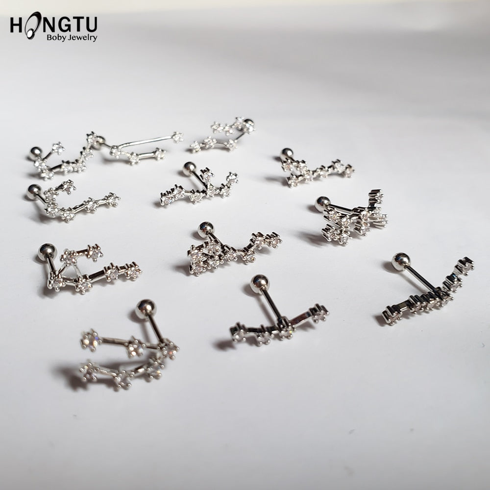 HONGTU 1PC 12 Constellation Zircon Tragus Ear Piercing Surgical Steel Shaft Bar Star Daith Earrings Helix Cartilage Studs 20g