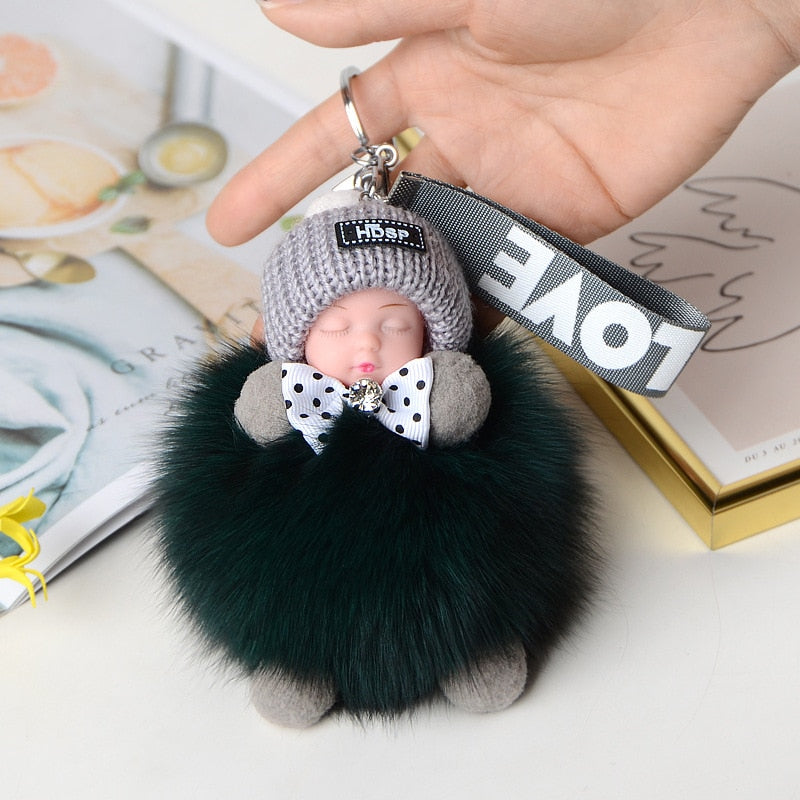Pompom Sleeping Baby Keychain Cute Fluffy Plush Doll Keychains Women Girl Bags Keyrings Cars Key Ring Gift Charming Decoration