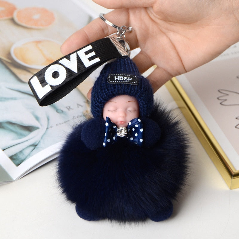 Pompom Sleeping Baby Keychain Cute Fluffy Plush Doll Keychains Women Girl Bags Keyrings Cars Key Ring Gift Charming Decoration