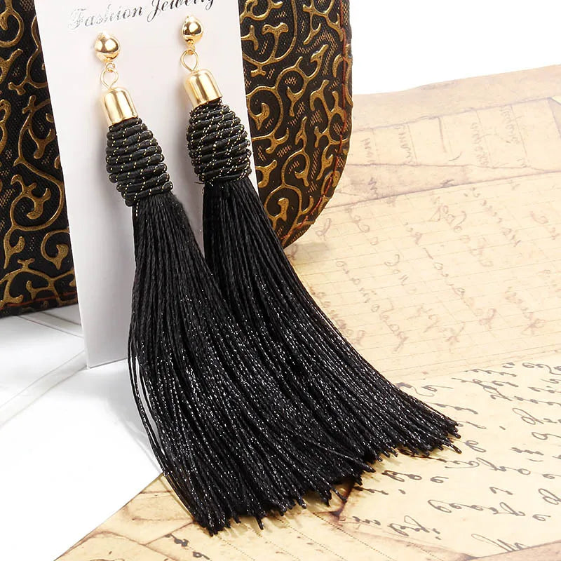 Hand Woven Silk Tassel Long Earrings Jewelry