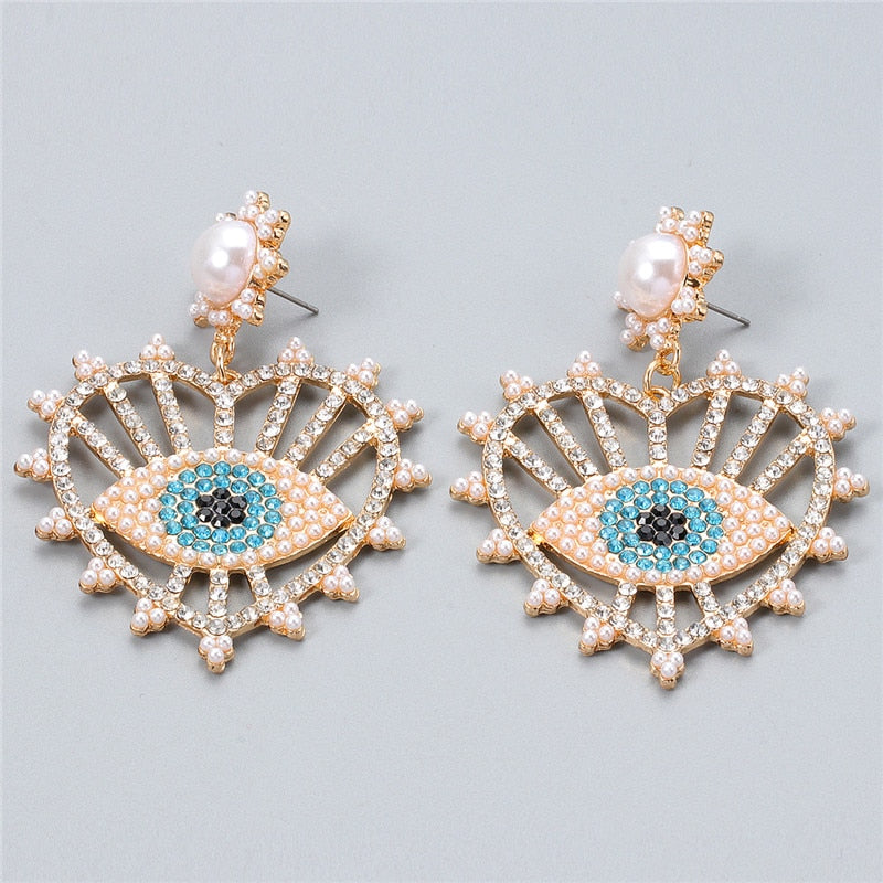 JUJIA Trendy Ethnic Love Heart Shape Evil Eye Drop Earrings For Women Vintage Statement Crystal Dangle Earring Jewelry Gift
