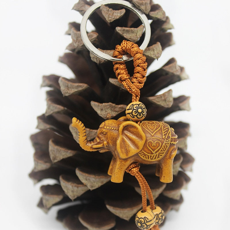 Women Men Lucky Wooden Elephant Carving Pendant Keychain Religion Chain Key Ring Keyring Jewelry Wholesale Cute Keychain