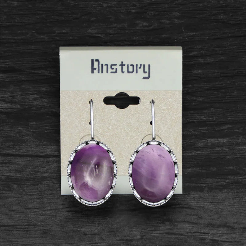 Oval Amethysts Earrings For Women Tibetan Silver Natural Stone Rose Quartz Lapis Lazuli Tiger Eye Fashion Earring - Charlie Dolly