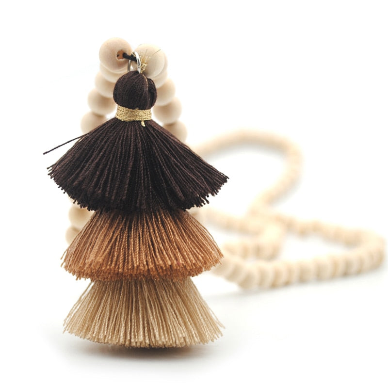 Yumfeel New Bohemian Necklace Handmade Stones Tassels Wood Beads Necklace Long Women Jewelry Gifts