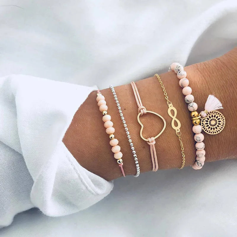 Boho Charm and Crystal Bead Bangle Bracelet Set