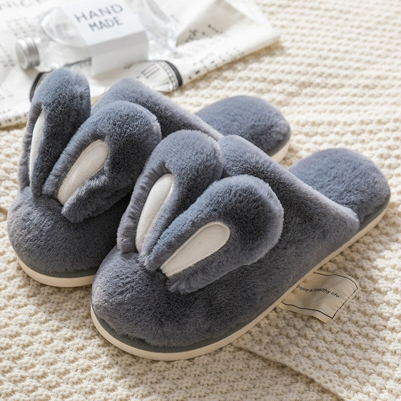 Women Warm Faux Fur Slippers Cute Rabbit Ear Lovers Indoor Slipper Soft Plush Anti-slip Winter Female Home Floor Shoes SH462
