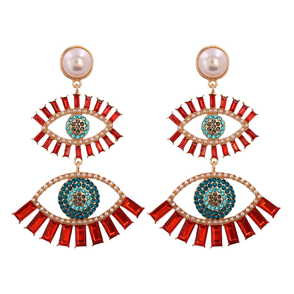 JUJIA Trendy Ethnic Love Heart Shape Evil Eye Drop Earrings For Women Vintage Statement Crystal Dangle Earring Jewelry Gift