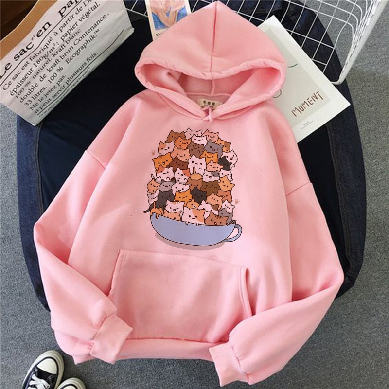 the cat hoodie women fashion kawaii korean harajuku Sweatshirt pink female 90s cartoon clothes female hood Oversized