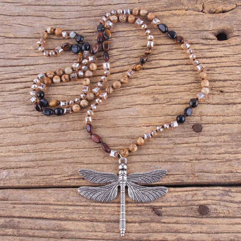 Dragonfly Knotted Stone Pendant Necklace Jewelry