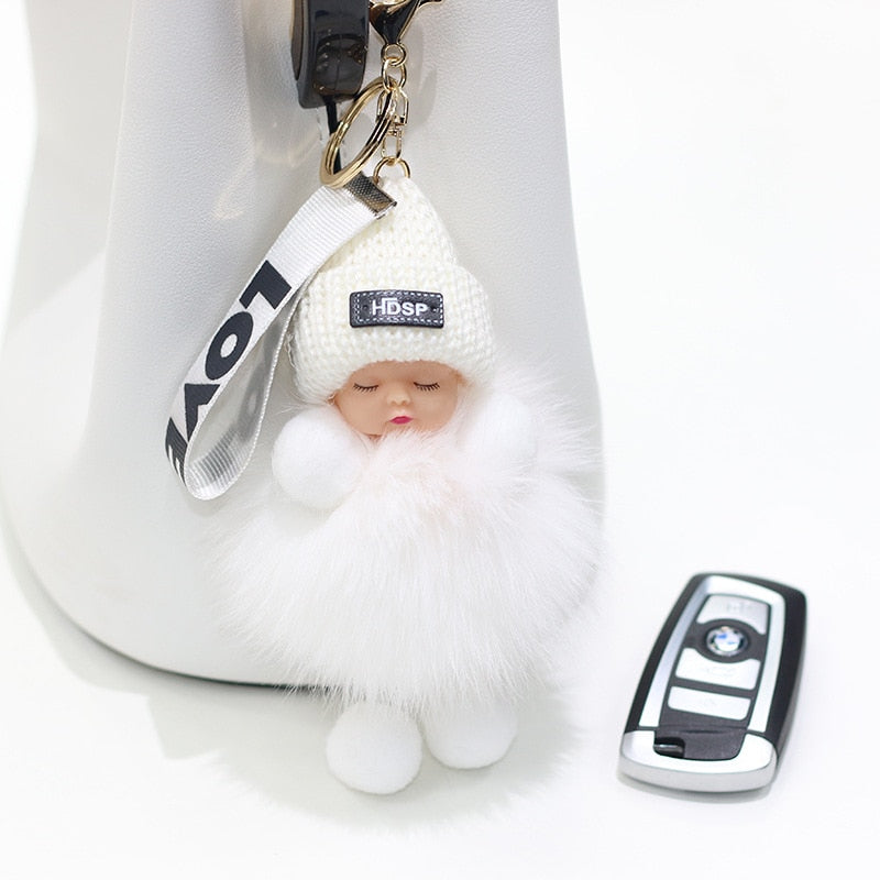 Pompom Sleeping Baby Keychain Cute Fluffy Plush Doll Keychains Women Girl Bags Keyrings Cars Key Ring Gift Charming Decoration